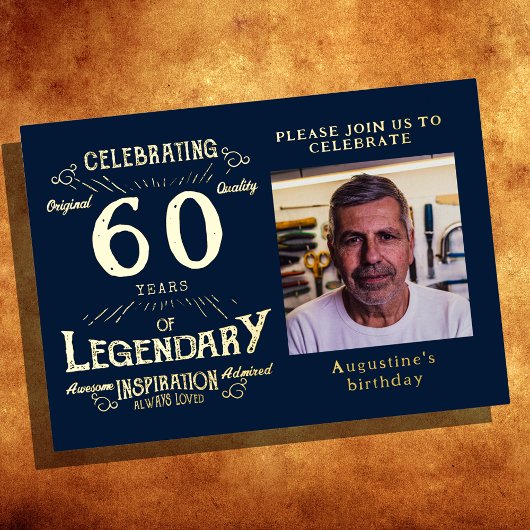 ブルー60番目の誕生日ヴィンテージ金ゴールド 箔招待状