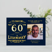 ブルー60番目の誕生日ヴィンテージ金ゴールド 箔招待状 (立ち正面)