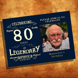 ブルー80歳の誕生日ヴィンテージゴールド 箔招待状