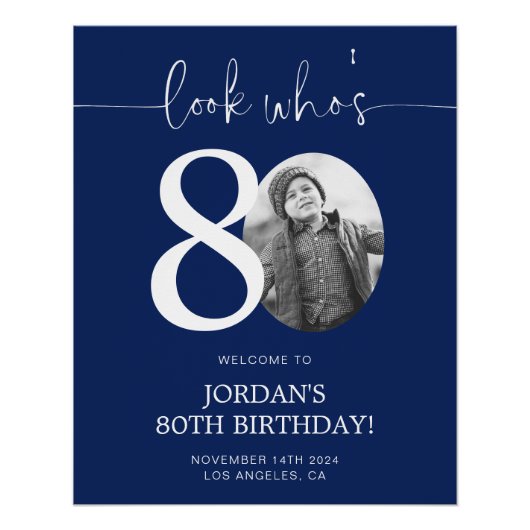 ブルー80th誕生日ウェルカムサイン | 誰の80か ポスター (正面)