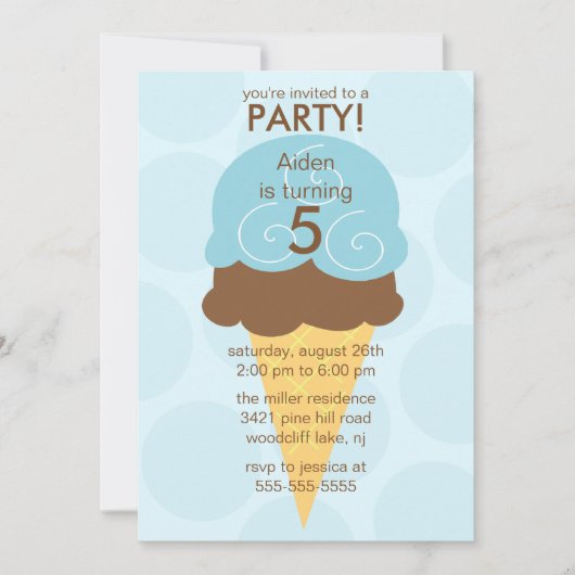 ブルー アイスクリーム コーン 誕生日 招待状 (正面)