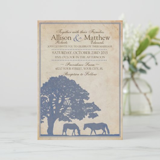 ブルー&アイボリーヴィンテージホースファー結婚ムズ 招待状 (スタンド正面)