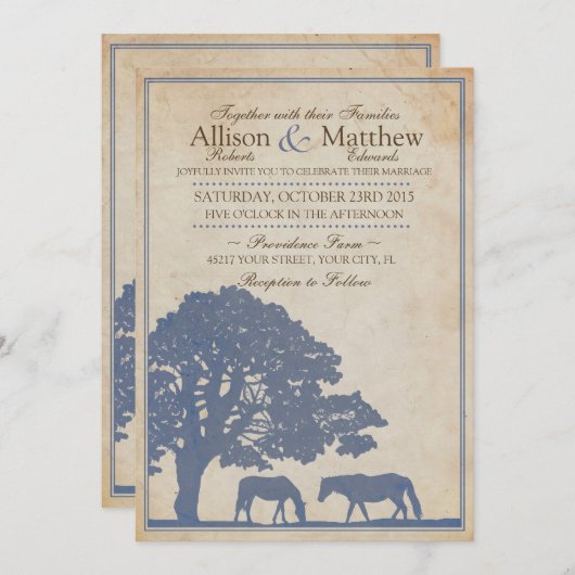ブルー&アイボリーヴィンテージホースファー結婚ムズ 招待状 (正面/裏面)