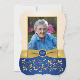 ブルー、アイボリー、金ゴールド65thフォト誕生日招待状 招待状