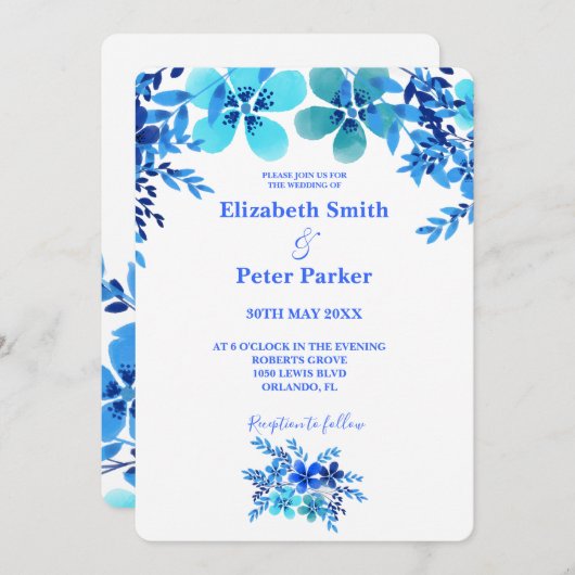 ブルー&アクアフローラウォーター結婚カラー 招待状 (正面/裏面)