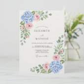 ブルー+アジサイ+バラの植物の結婚式 招待状 (スタンド正面)