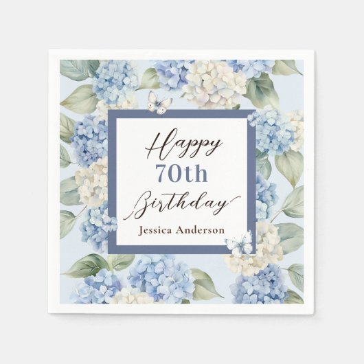 ブルー アジサイ 水彩画 70歳の誕生日 スタンダードカクテルナプキン (正面)