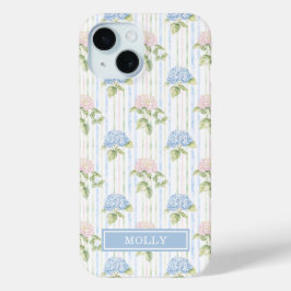 ブルー アジサイ 水彩 ストライプ オーダーメイド iPhone 15ケース