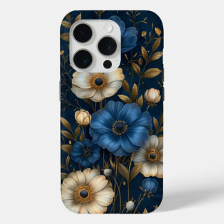 ブルー アネモネ フラワーズ ゴールド デザイン iPhone 15 PROケース
