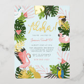 ブルー |アロハハワイ熱帯金ゴールド誕生日パーティー 箔招待状ポストカード (正面)