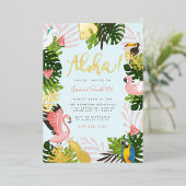 ブルー |アロハハワイ熱帯金ゴールド誕生日パーティー 箔招待状 (立ち正面)