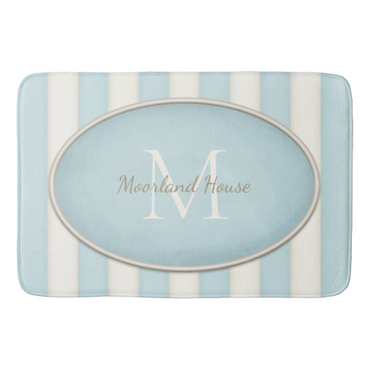 ブルー&アンティークホワイトストライプレンズオーバルフレーミングモノグラム バスマット (正面)