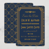 ブルー アートデコ ウェディング セーブ・ザ・デート (正面/裏面)