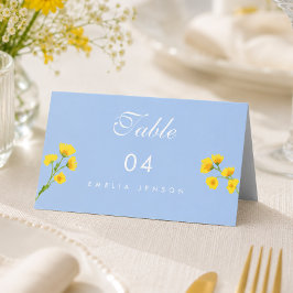 ブルー&イエローのキンポウゲの結婚式テーブル番号 プレイスカード