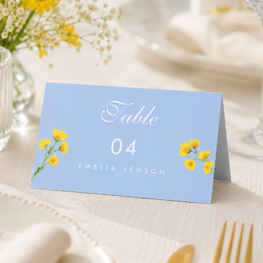 ブルー&イエローのキンポウゲの結婚式テーブル番号 プレイスカード