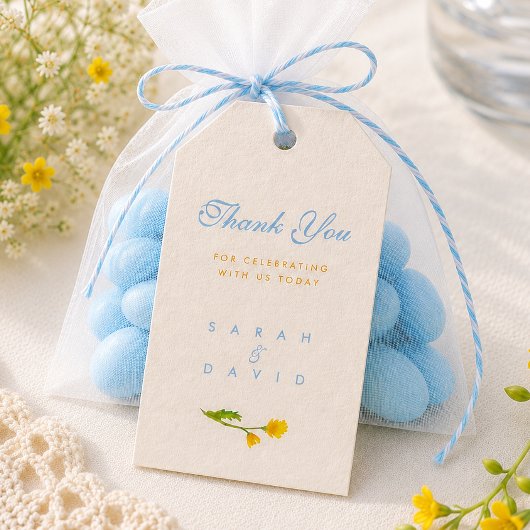 ブルー&イエローのキンポウゲの編集可能な結婚式 ギフトタグ