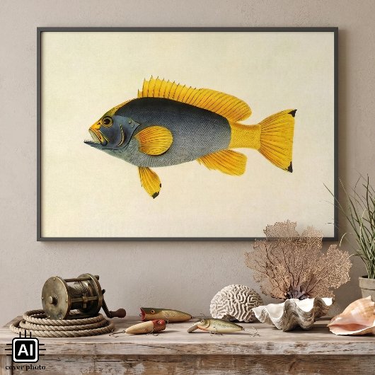 ブルー+イエローのハタのヴィンテージイラスト, 魚類, 海の生き物 ポスター