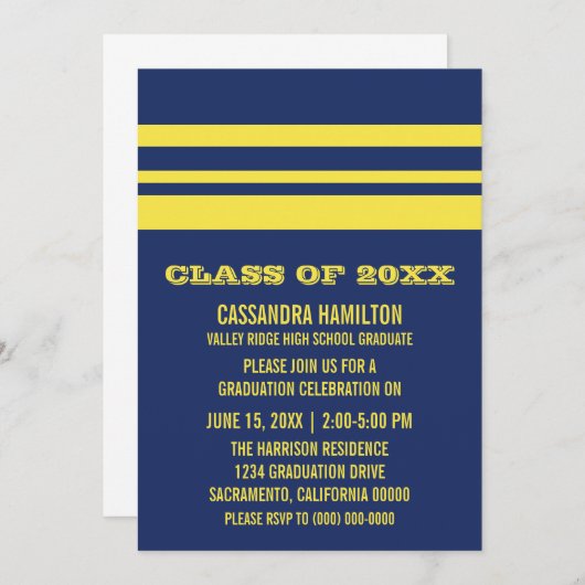 ブルー/イエローはっきりしたのストライプ卒業招待状 招待状 (正面/裏面)