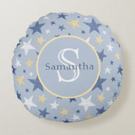 ブルー&イエローウィンタースターズパーソナライズされたモノグラム ラウンドクッション