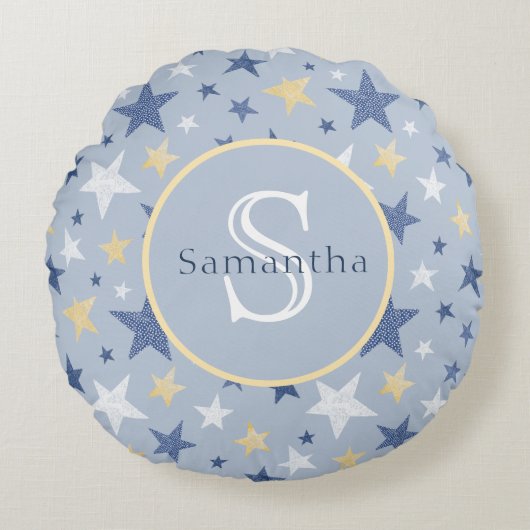 ブルー&イエローウィンタースターズパーソナライズされたモノグラム ラウンドクッション (正面)