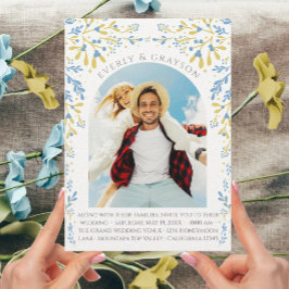 ブルー&イエローエレガンス写真アーチボホワイルドフラワー 招待状