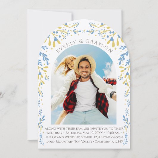 ブルー&イエローエレガンス写真アーチボホワイルドフラワー 招待状 (正面)