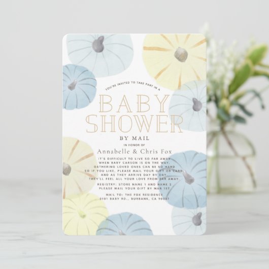 ブルー&イエローカボチャ男の子の赤ちゃんシャワーbyメール 招待状 (スタンド正面)