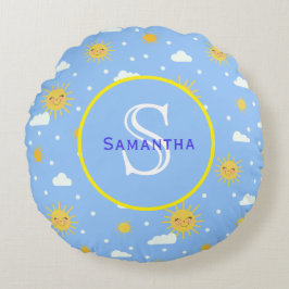 ブルー&イエローサンシャインモノグラパーソナライズされたム ラウンドクッション