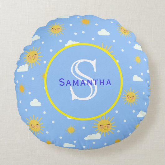 ブルー&イエローサンシャインモノグラパーソナライズされたム ラウンドクッション (正面)