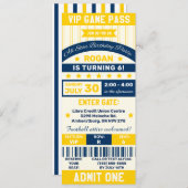 ブルー&イエロースポーツをテーマにしたチケット誕生日パーティー 招待状 (正面/裏面)