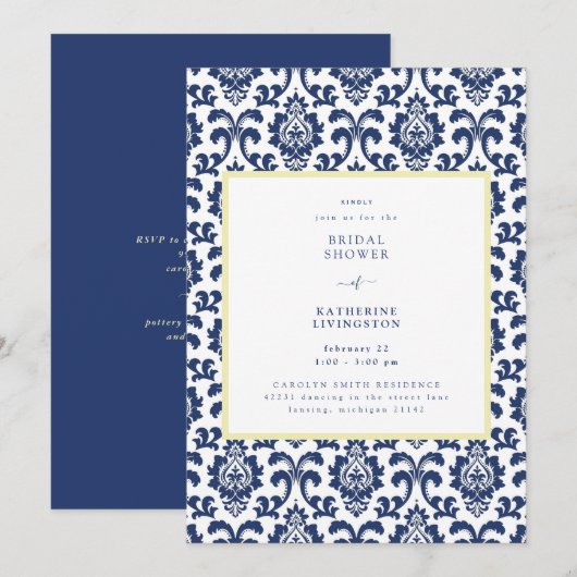 ブルー&イエローダマスク柄の結婚式前ウェディングシャワー招待状 招待状 (正面/裏面)