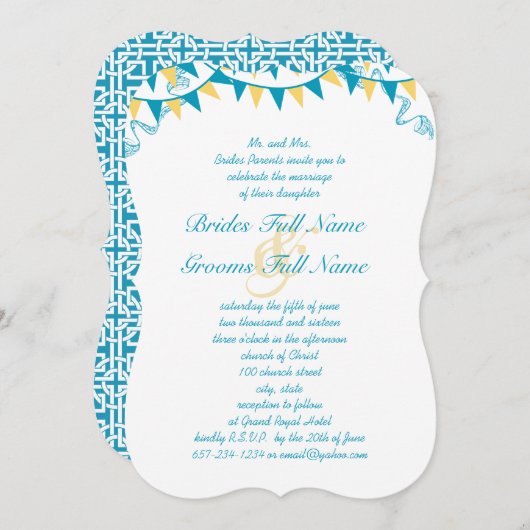 ブルー&イエローバンティンペナント結婚式招待状 招待状 (正面/裏面)