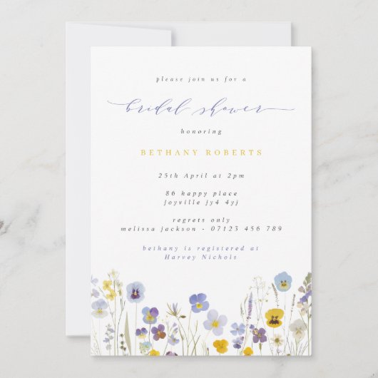 ブルー&イエローパンシーワイルドフラワーズブライダルシャワー 招待状 (正面)