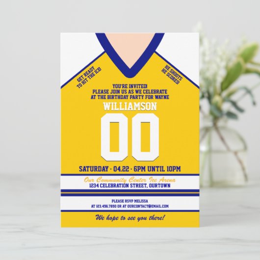 ブルー/イエローホッケージャージー誕生日パーティー 招待状 (スタンド正面)