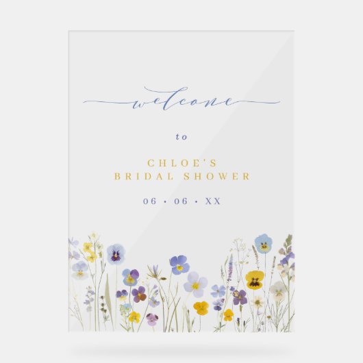 ブルー&イエローワイルドフラワーズブライダルシャワーへようこそ アクリルサイン (正面)