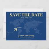 ブルー&イエローワールドマップデスティネーションウェディング セーブザデート (正面)