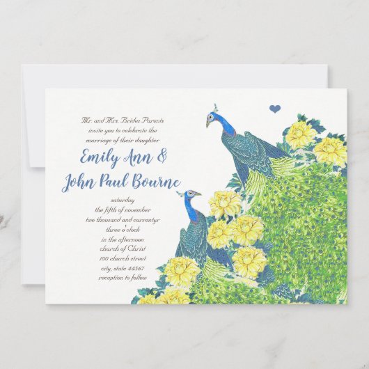 ブルー&イエローヴィンテージピーコック結婚式招待状 招待状 (正面)