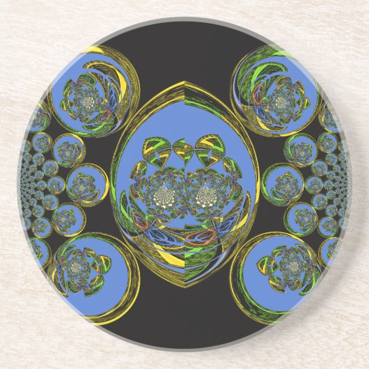 ブルー&イエロー万華鏡のように千変万化するパターンアートプリント コースター (正面)