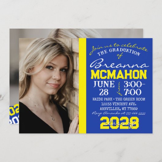 ブルー&イエロー卒業2フォト招待状 招待状 (正面/裏面)