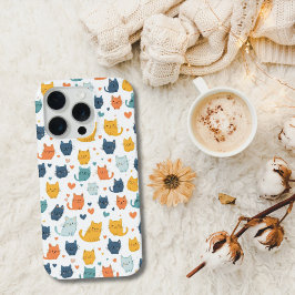 ブルー イエロー オレンジ かわいい 猫 パターン 猫好き iPhone 15 PROケース