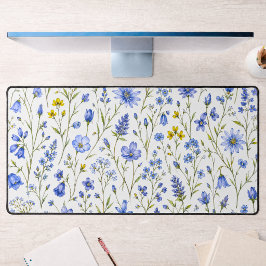 ブルー イエロー グリーン 水彩画 ワイルドフラワーパターン デスクマット