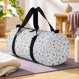 ブルー イエロー グリーン 水彩画 野の花 パターン ダッフルバッグ