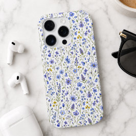 ブルー イエロー グリーン 水彩画 野の花 パターン iPhone 16 PROケース