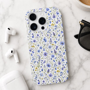 ブルー イエロー グリーン 水彩画 野の花 パターン iPhone 16 PROケース