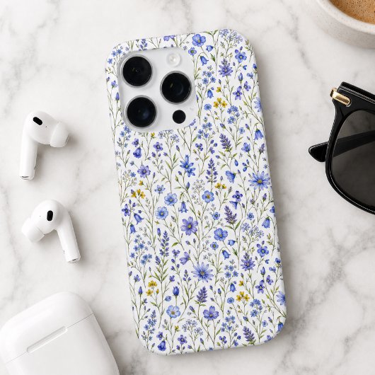 ブルー イエロー グリーン 水彩画 野の花 パターン iPhoneケース