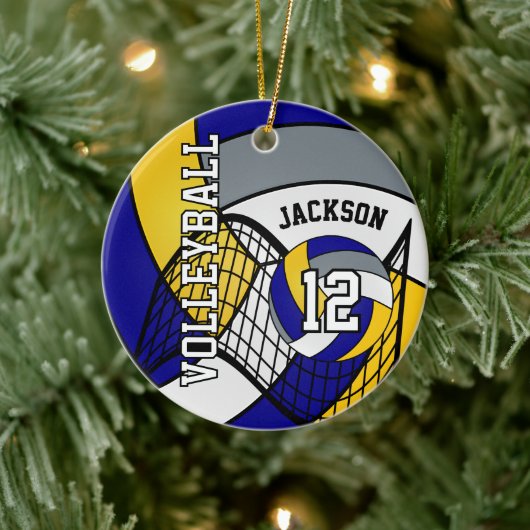 ブルー、イエロー、グレーのパーソナライズされたバレーボール🏐 セラミックオーナメント (ツリー)