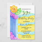 ブルー イエロー ケーキ フラワー 50歳の誕生日パーティー 招待状 (正面)