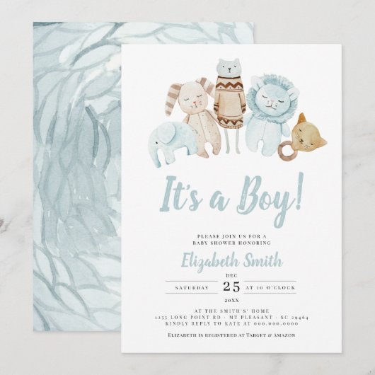 ブルー イッツ ア ボーイ ビンテージ トイ ラスティック ベイビー シャワー 招待状 (正面/裏面)