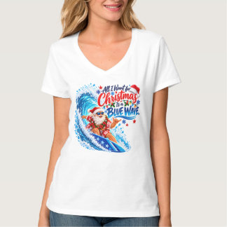 ブルー・ウェーブ・サーフィン・サンタTシャツ Tシャツ