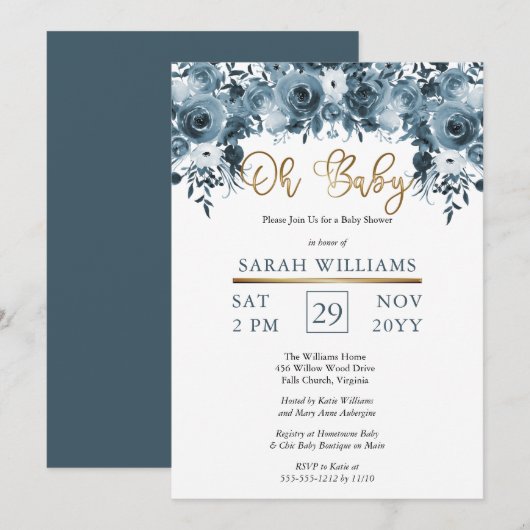 ブルー ウォーターカラー フラワーズ | ゴールド ボーイ オー ベイビー シャワー 招待状 (正面/裏面)